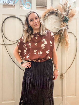 Floral Boatneck Shirred Satin Top - Allure Boutique WY