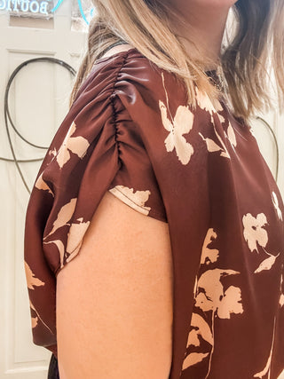 Floral Boatneck Shirred Satin Top - Allure Boutique WY