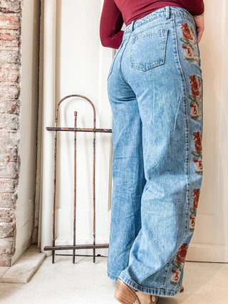 Floral Embroidered Wide Leg Jeans - Allure Boutique WY