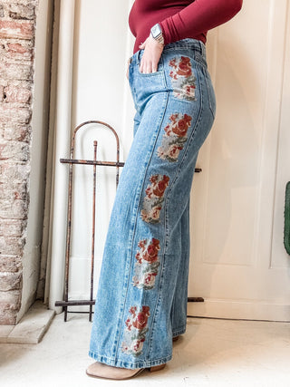 Floral Embroidered Wide Leg Jeans - Allure Boutique WY