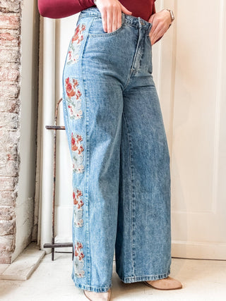 Floral Embroidered Wide Leg Jeans - Allure Boutique WY