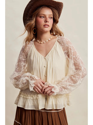Floral Lace Sleeve Tiered Lined Boho Blouse - Allure Boutique WY