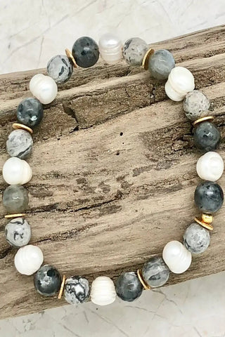 Fossil Jasper, Labradorite & Freshwater Pearl Stretch Bracelet - Allure Boutique WY