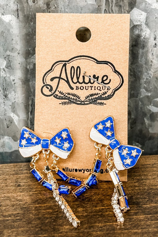 Game Day Star Bow Fringe Earrings - Blue + White - Allure Boutique WY