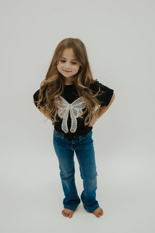 Girls Black Pearl Bow Embellished Tee - Allure Boutique WY