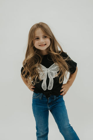 Girls Black Pearl Bow Embellished Tee - Allure Boutique WY