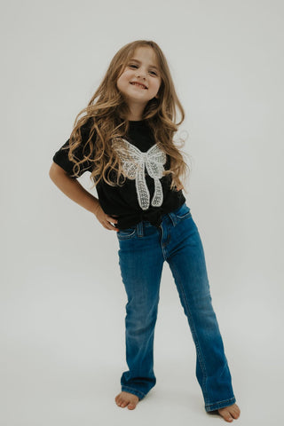 Girls Black Pearl Bow Embellished Tee - Allure Boutique WY