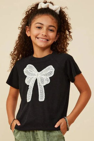 Girls Black Pearl Bow Embellished Tee - Allure Boutique WY