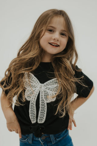Girls Black Pearl Bow Embellished Tee - Allure Boutique WY