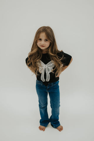 Girls Black Pearl Bow Embellished Tee - Allure Boutique WY