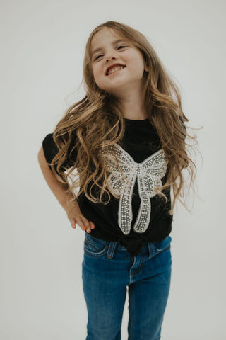 Girls Black Pearl Bow Embellished Tee - Allure Boutique WY