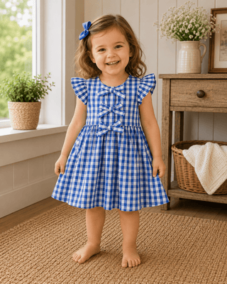 Girls Blue Gingham Bow Dress - Allure Boutique WY