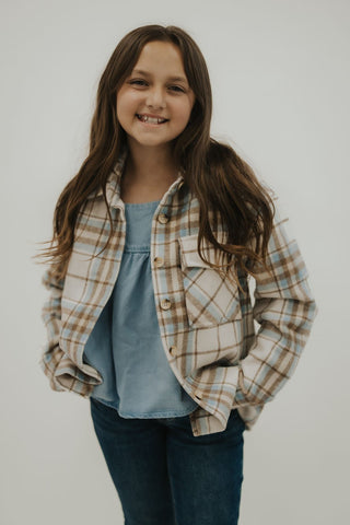 Girls Brown Plaid Single Pocket Shacket - Allure Boutique WY
