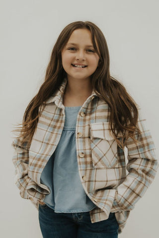 Girls Brown Plaid Single Pocket Shacket - Allure Boutique WY