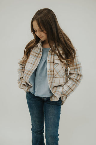 Girls Brown Plaid Single Pocket Shacket - Allure Boutique WY