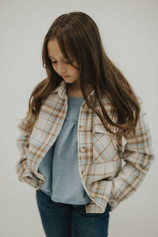 Girls Brown Plaid Single Pocket Shacket - Allure Boutique WY