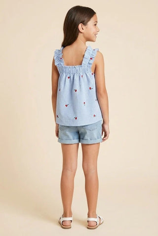 Girls Cherry Embroidered Ruffle Strap Tank - Allure Boutique WY