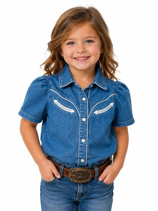 Girls Denim Short Sleeve Pearl Snap Shirt - Allure Boutique WY