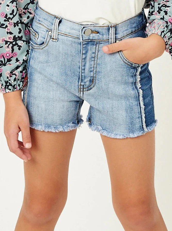 Girls Frayed Colorblock Denim Shorts - Allure Boutique WY