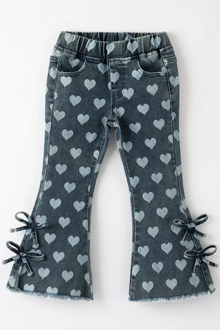 Girls Heart Pattern Denim Ruffle Bell Bottom - Allure Boutique WY