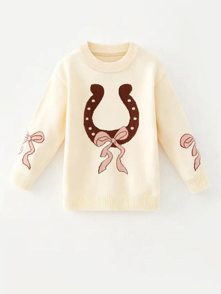 Girls Horseshoe Sweater + Pink Bow - Allure Boutique WY