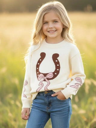 Girls Horseshoe Sweater + Pink Bow - Allure Boutique WY