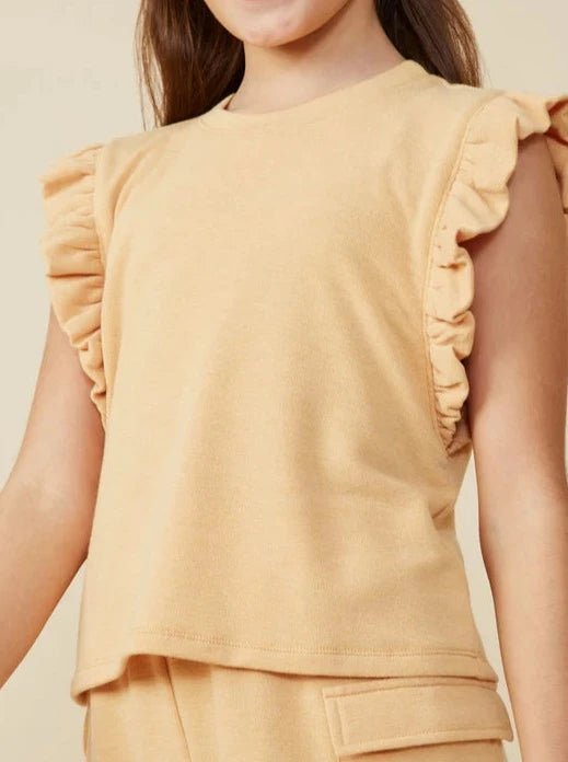 Girls Mustard Balloon Ruffle Sleeveless French Terry Knit Tank - Allure Boutique WY