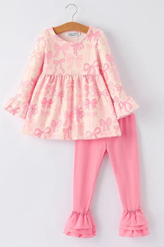 Girls Pink Bow Print Ruffled Long Sleeve Set - Allure Boutique WY