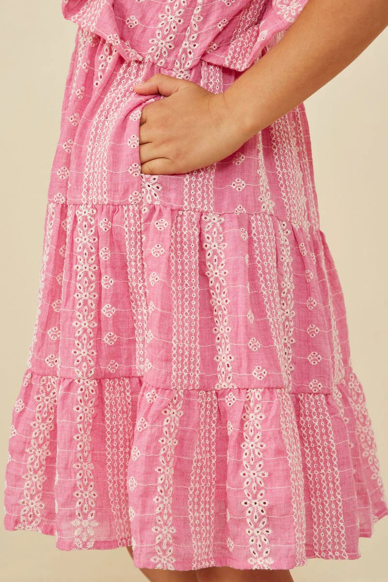 Girls Pink Embroidered Tiered Dress - Allure Boutique WY