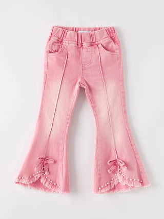 Girls Pink Flare Jean with Pearl Hem - Allure Boutique WY