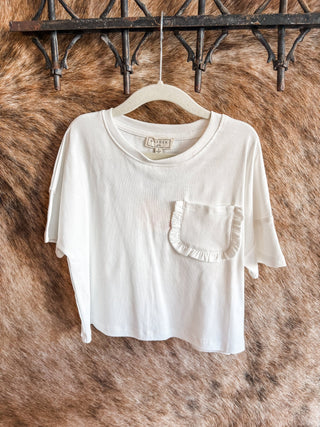 Girls Ruffle Pocket Knit Tee - White - Allure Boutique WY