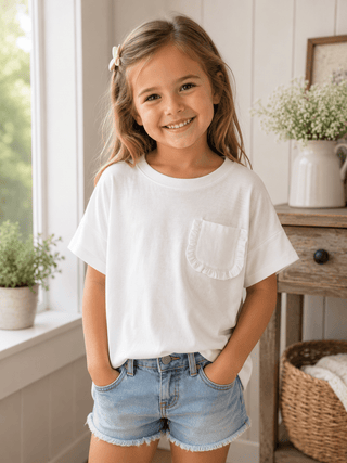 Girls Ruffle Pocket Knit Tee - White - Allure Boutique WY