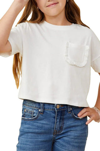 Girls Ruffle Pocket Knit Tee - White - Allure Boutique WY