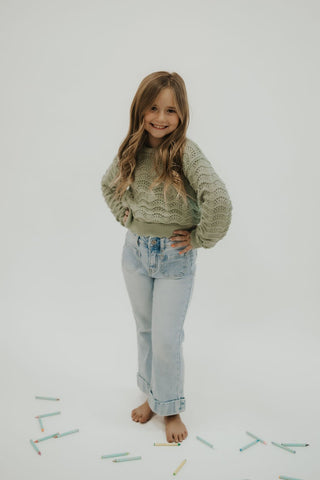 Girls Sage Green Wavy Pointelle Sweater - Allure Boutique WY