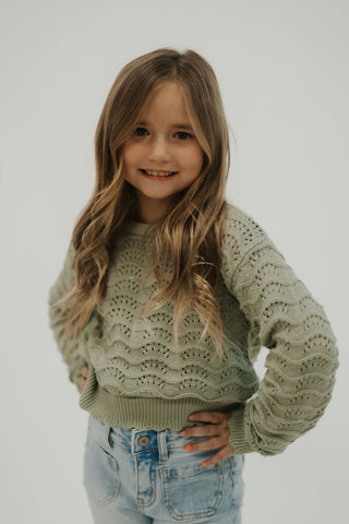 Girls Sage Green Wavy Pointelle Sweater - Allure Boutique WY