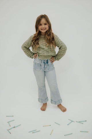 Girls Sage Green Wavy Pointelle Sweater - Allure Boutique WY