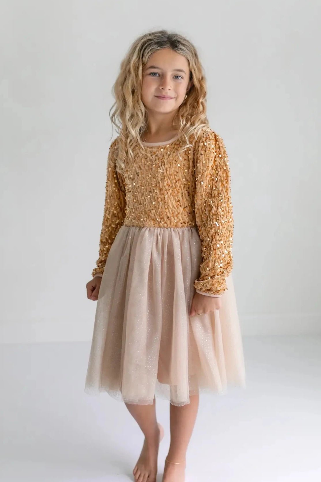 Girls Sequin Champagne Holiday Sparkle Tulle Dress - Allure Boutique WY