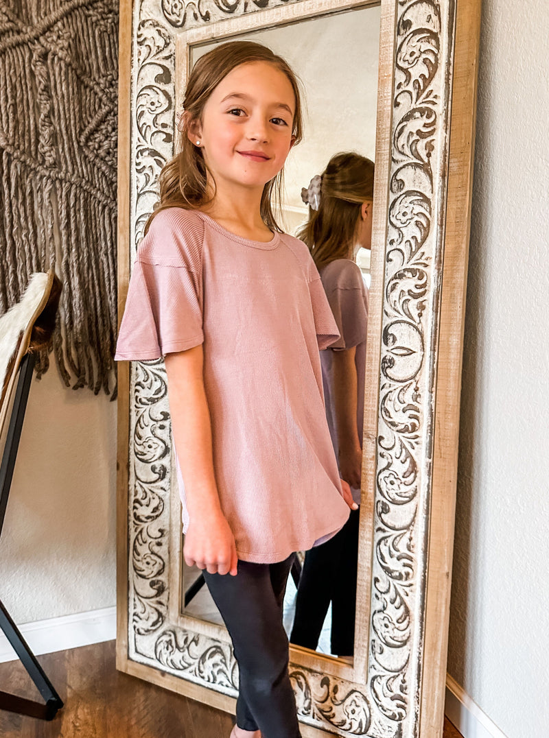 Girls Mauve Paneled Flutter Sleeve Ribbed Knit Top