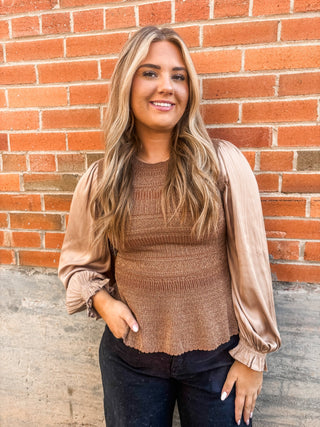 Gold Knit Sweater Top with Gathered Sleeve - Allure Boutique WY