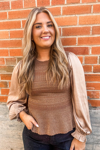Gold Knit Sweater Top with Gathered Sleeve - Allure Boutique WY