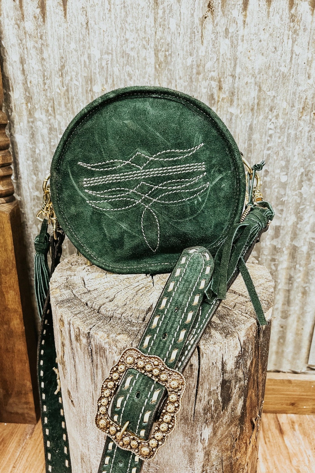 Green Suede Circle Tote with Tassels & Cream Stitching - Allure Boutique WY