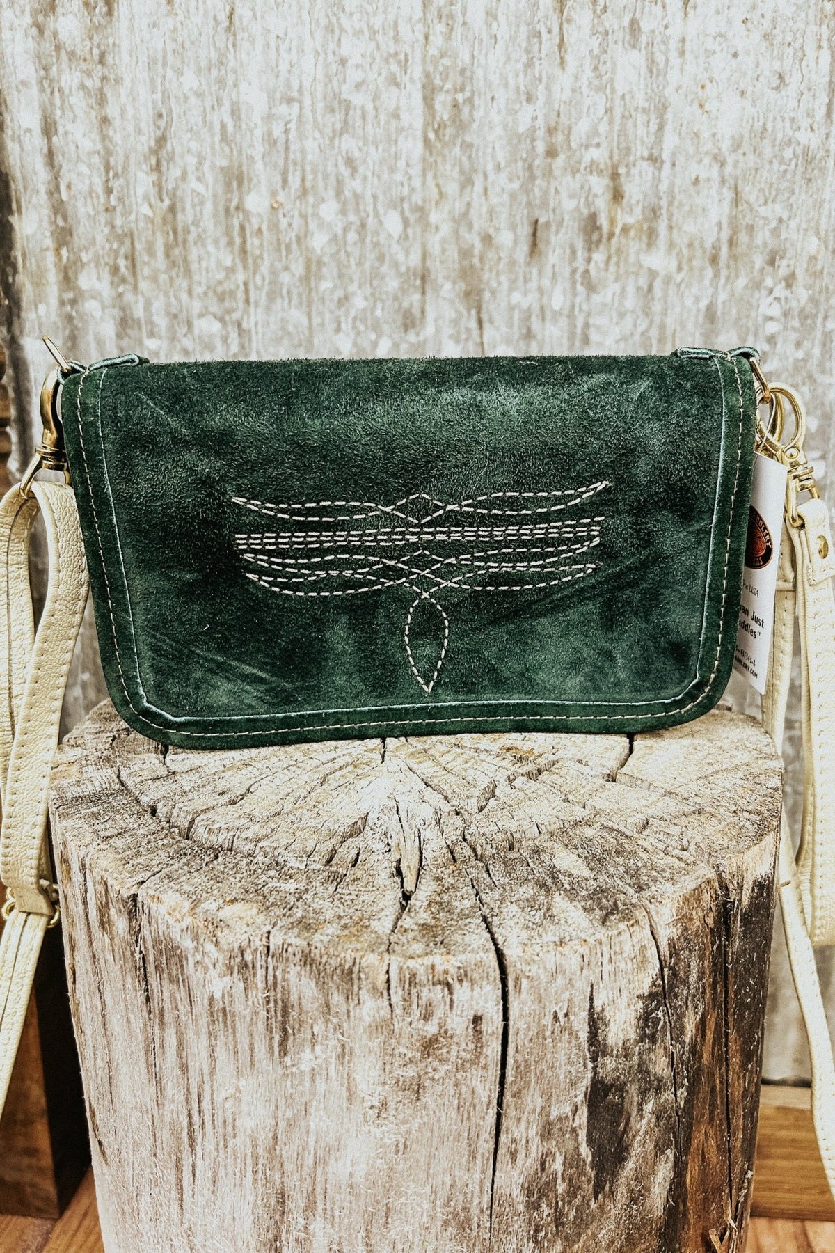 Green Suede Clutch Bag with Cream Bootstitch & Brass Hardware - Allure Boutique WY