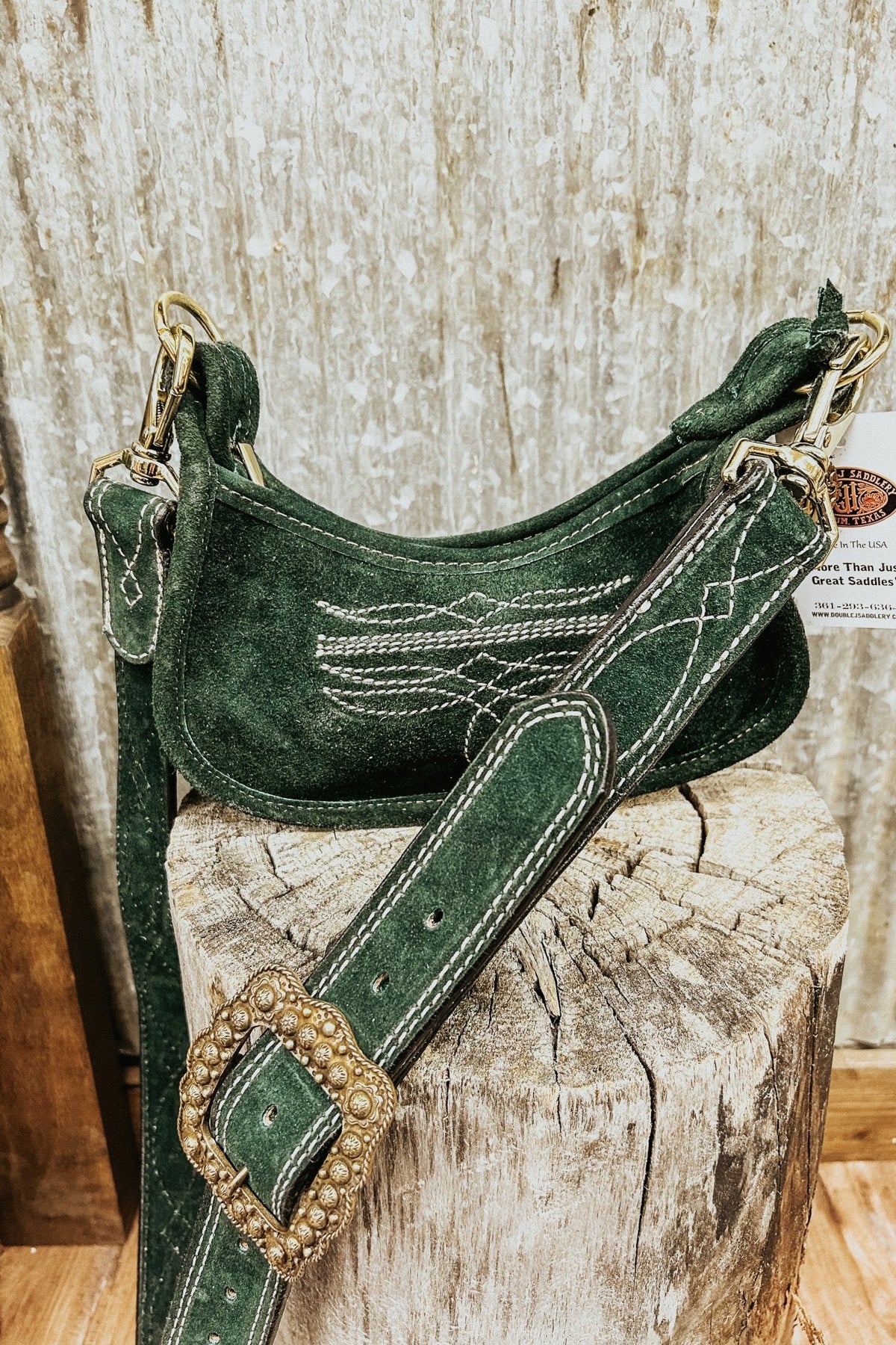 Green Suede Double J Purse with Cream Bootstitch - Allure Boutique WY