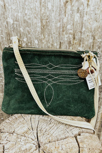 Green Suede Medium Clutch with Cream Bootstitch and Eggshell Adjustable Strap - Allure Boutique WY