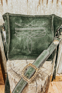 Green Suede Tote with Cream Bootstitch - Allure Boutique WY