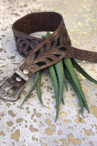 Hand Tooled Belt with Filigree in Acorn with Black Background - Allure Boutique WY