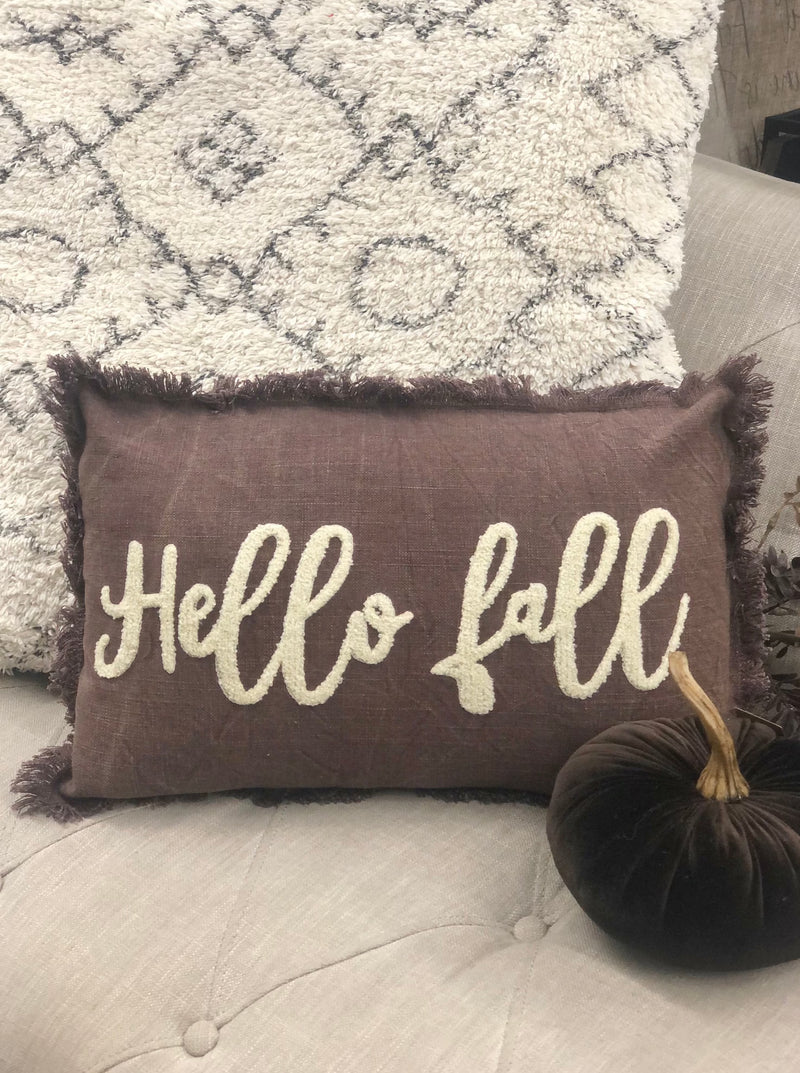 "Hello Fall" Tufted Lumbar Pillow with Fringe