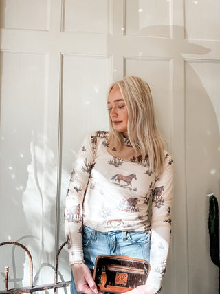 Horse Print Mock Neck Mesh Top - Allure Boutique WY