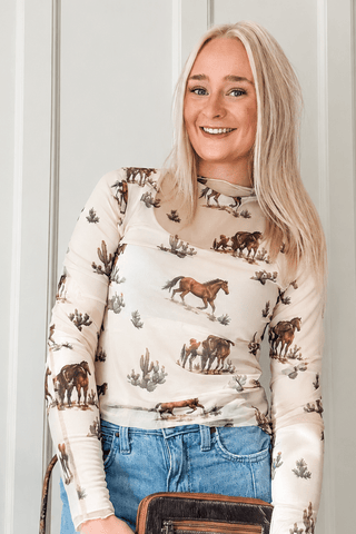 Horse Print Mock Neck Mesh Top - Allure Boutique WY