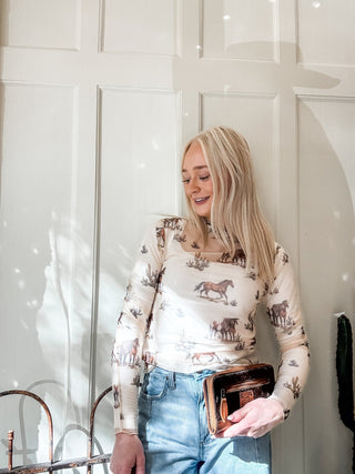Horse Print Mock Neck Mesh Top - Allure Boutique WY